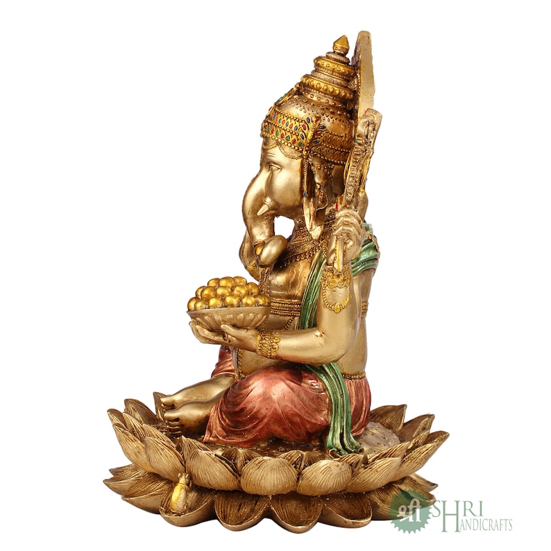 Ganesha Statue 30cm, Hand Painted Lord Ganesha Idol on Lotus, Ganapati, Vinayaka, Hindu Elephant God, Good Luck Gift for New Beginnings image 6