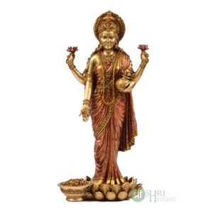 Vishnu Lakshmi Idol Standing Copper Finish Marble Dust Lord Vishnu Goddess Laxmi Sculpture for Home Temple Decor Laxmi Narayana Figurine image 7