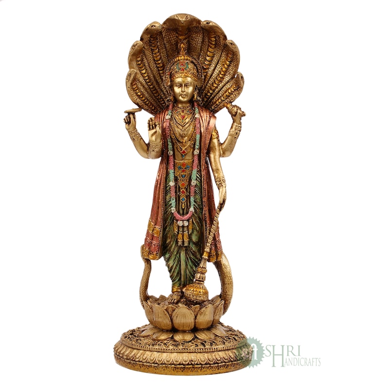 Vishnu Lakshmi Idol Standing Copper Finish Marble Dust Lord Vishnu Goddess Laxmi Sculpture for Home Temple Decor Laxmi Narayana Figurine image 3