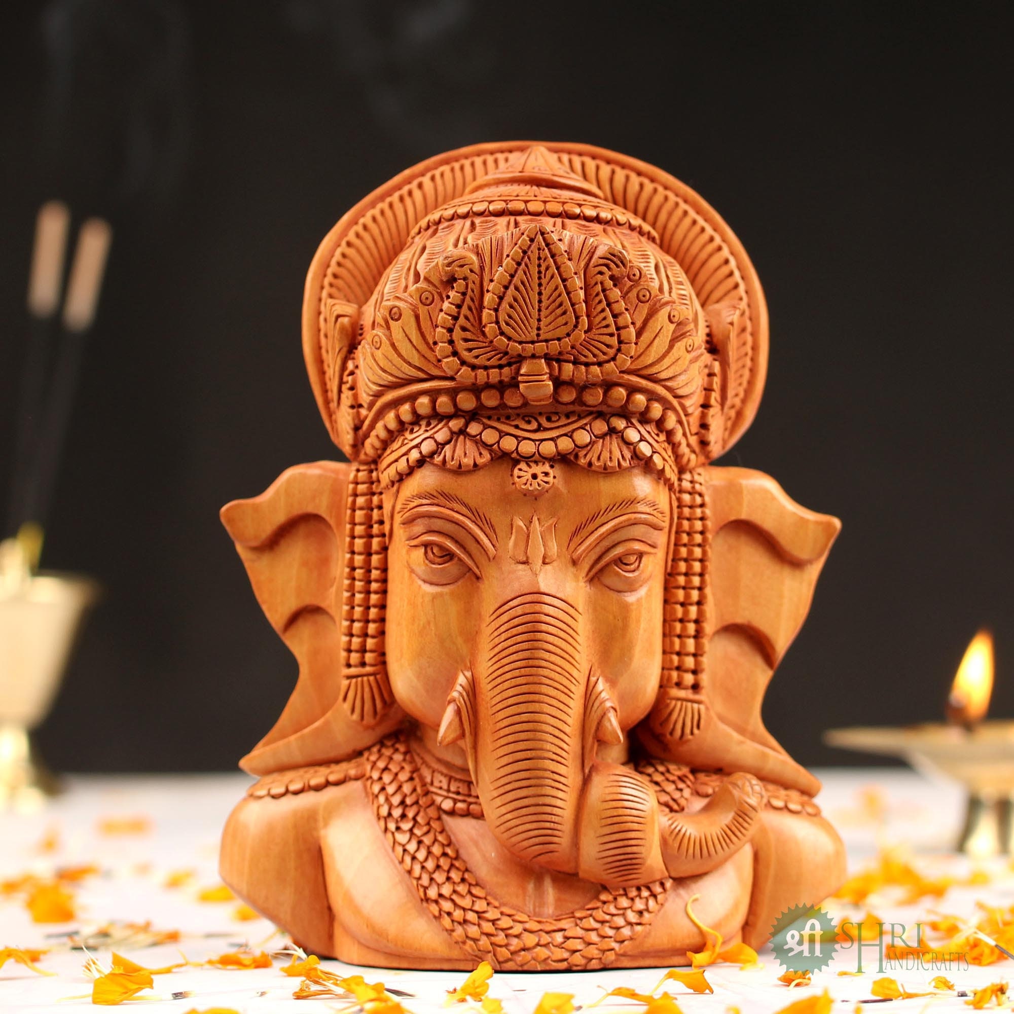 6インチの木製ガネーシャ胸像彫刻、象の神の偶像、幸運のお守り、家庭