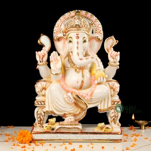 Ganeshabeeld, 45 cm groot handgeschilderd cultuurmarmeren ganeshstandbeeld voor tempeldecor, diwalicadeau, gelukscadeau voor een nieuw begin