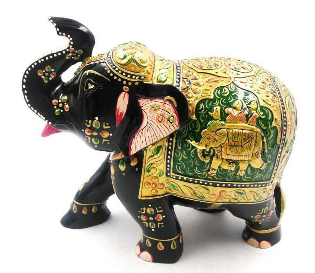 Handmade Wooden Carved Elephant up Trunk Statue Indian Style Sculpture ...