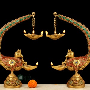 Brass Deepak With Stonework, Big Brass Oil Lamp Stand, Brass Decorative Diyas, Handcrafted Deepak for Home Temple Decor, Traditional Lamps