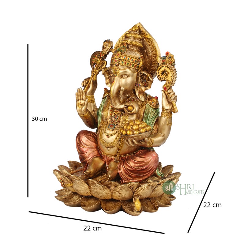 Ganesha Statue 30cm, Hand Painted Lord Ganesha Idol on Lotus, Ganapati, Vinayaka, Hindu Elephant God, Good Luck Gift for New Beginnings image 7