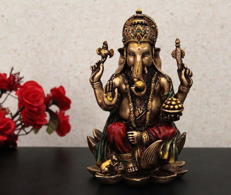 Ganesha Statue, 18 CM Copper Finish Lord Ganesh Idol on Louts, Ganapati,Vinayak. Elephant Headed Hindu God of good luck & new beginnings. image 7