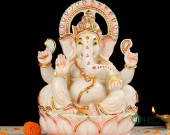 Ganesha Statue, 30cm Hand Painted Culture Marble, Ganesh Sculpture for Home Temple Decor, Diwali Gift, Good Luck Gift for New Beginnings