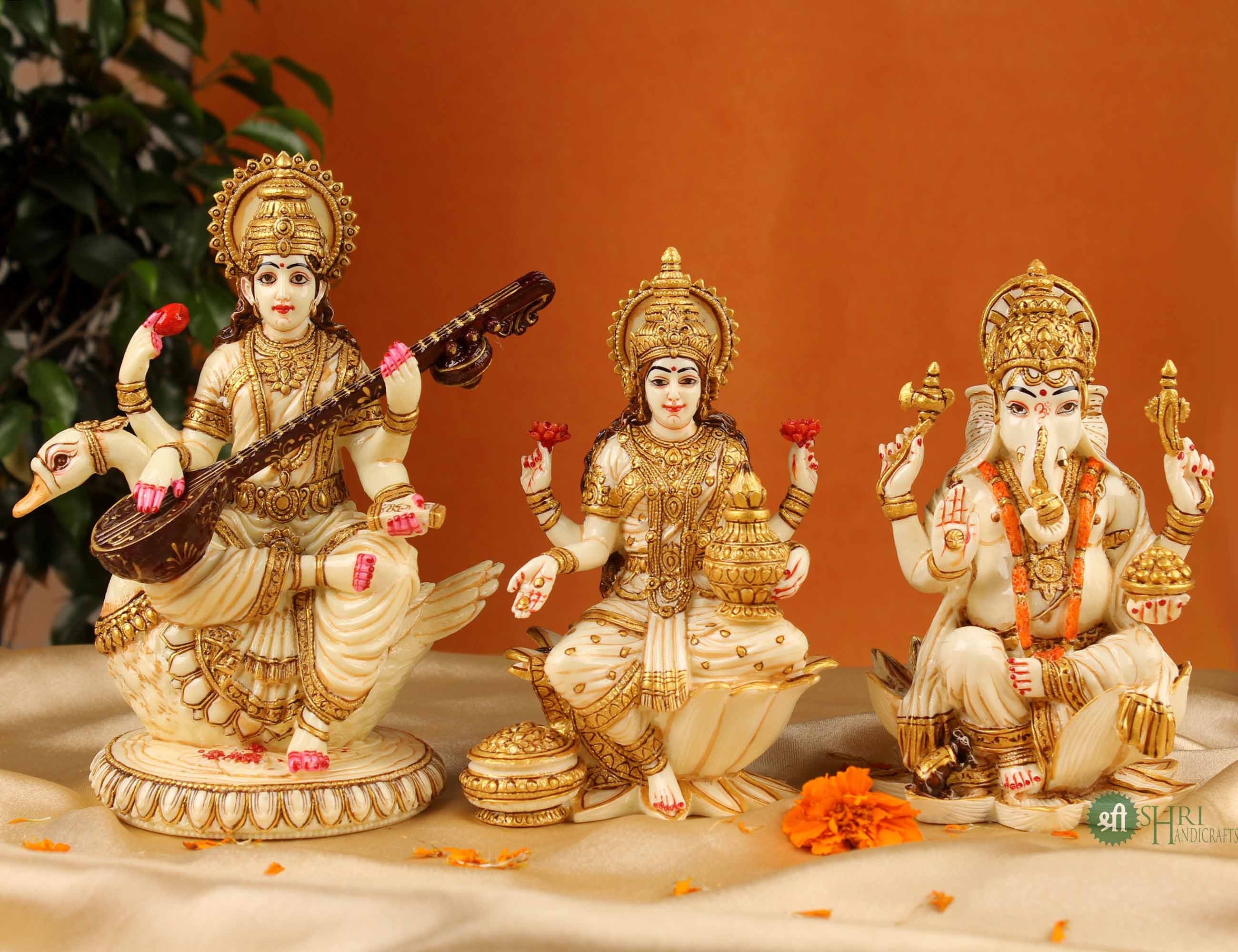 Brass Ganesh Lakshmi Saraswati Statue, Diwali Gift, Brass Laxmi Ganesh