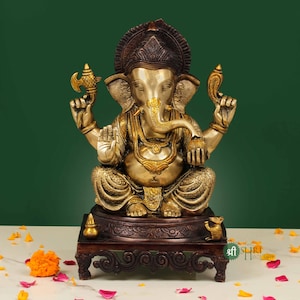 Large Brass Ganesha Statue 38cm, Good Luck Gift, Hindu God Statue, Brass Ganesh Murti for Home Decor, Remover of Obstacles Statue Hindu Gift