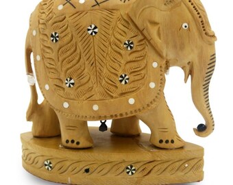 Handmade Carved Wooden Elephant Statue: 6" Tall Indian Art Decor