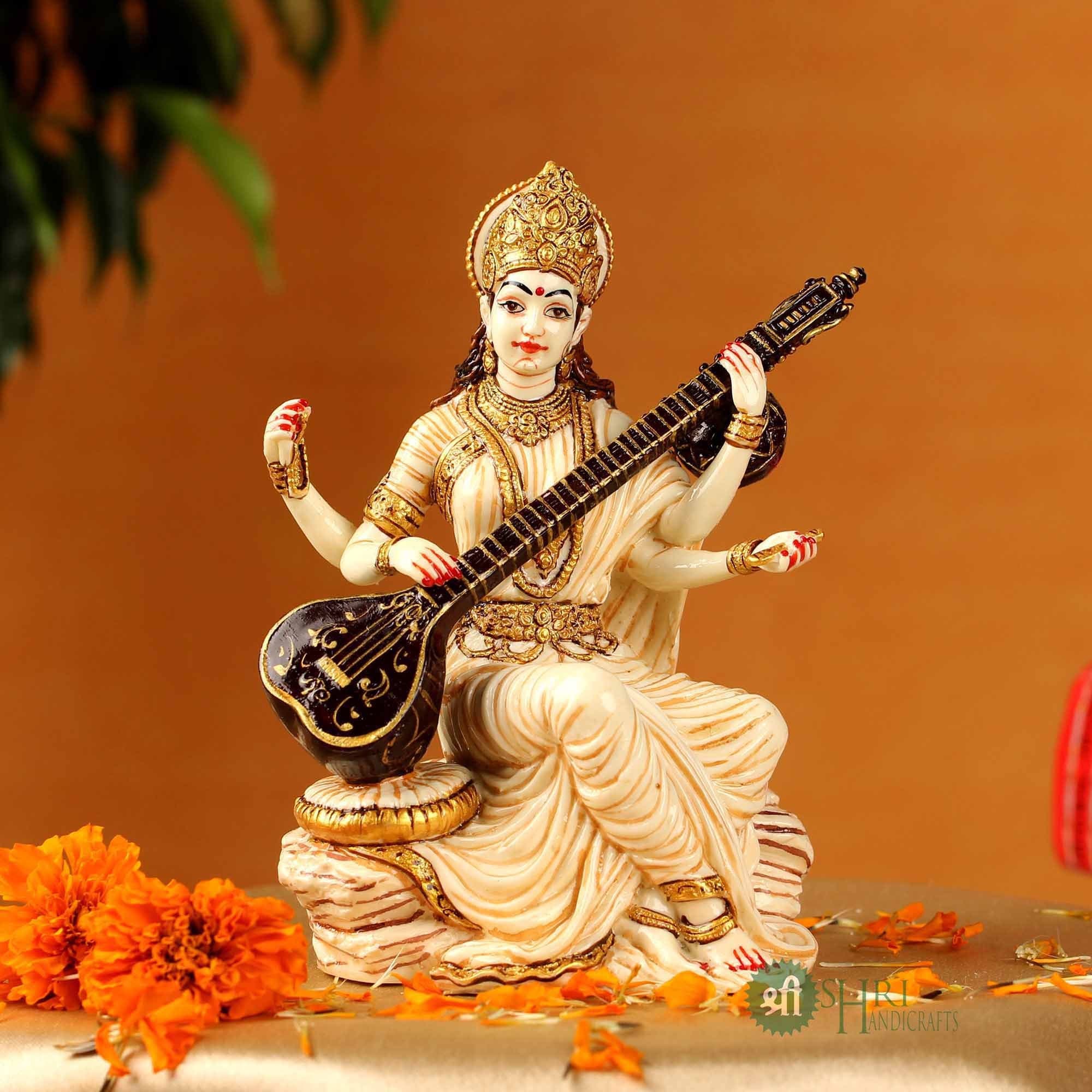 Saraswati Statue, 15 Cm Hand Painted Cultured Marble Saraswati