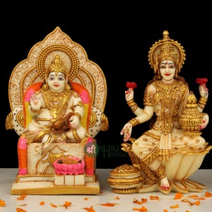 Kuber Laxmi Statue, Hindu God Goddess, Dhan Laxmi with Kubera, Lord of Wealth, Money, Success, Resin Hand Made Painting, Kuber Laxmi Statue