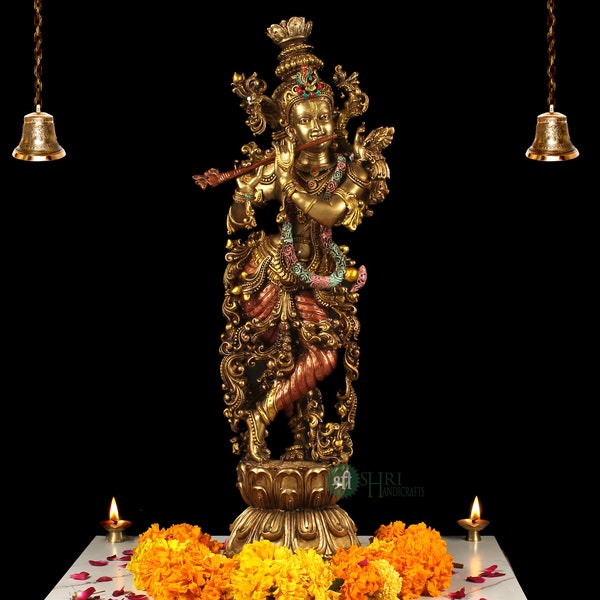 Krishna Statue Hare Krishna Statue God of Lover Anniversary Gift Temple Home Pooja Decor Gift for Him Handmade Copper Finish Krishna
