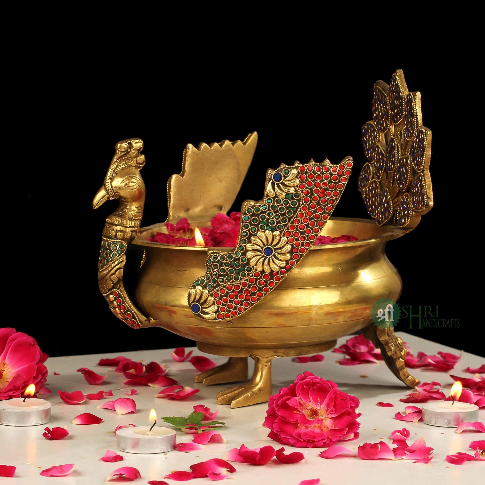 Brass Urli, Indain Traditional Peacock Urli With Stone Work for