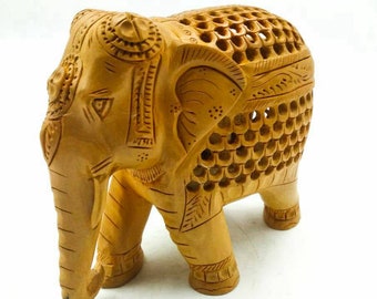 Handmade Wooden Carved Elephant Statue Vintage Sculpture 5"l Home Decoration Fine Art statue Feng Shui Decor