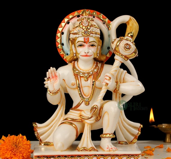 Lord Hanuman Sitting, Religious Hindu Statue with Gada, Indian Bahubali God Figurine, Resin Rambhakta Monkey God, Lord Rama God of Strength