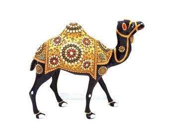 Handcrafted Metal Camel Sculpture Meenakai Embossed Painting Statue 8" Tall Home Decor Wedding Occasions Gift