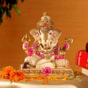 6''Handmade Lord Ganesh 4 Hands Sitting Resin Statue With Base Divine Prayer Figurine God Idol Gifts Antique Design,Home Decoration Article