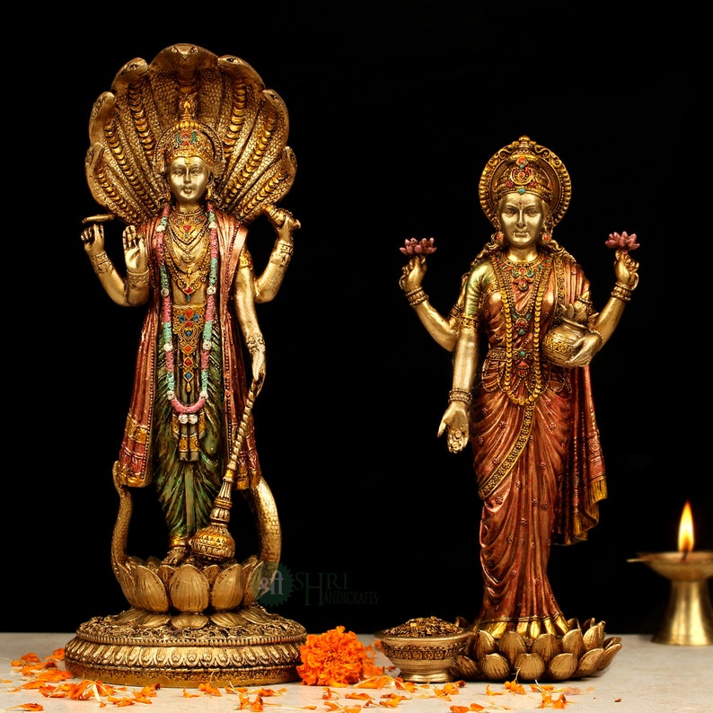 Vishnu Lakshmi Idol Standing Copper Finish Marble Dust Lord Vishnu Goddess Laxmi Sculpture for Home Temple Decor Laxmi Narayana Figurine image 10