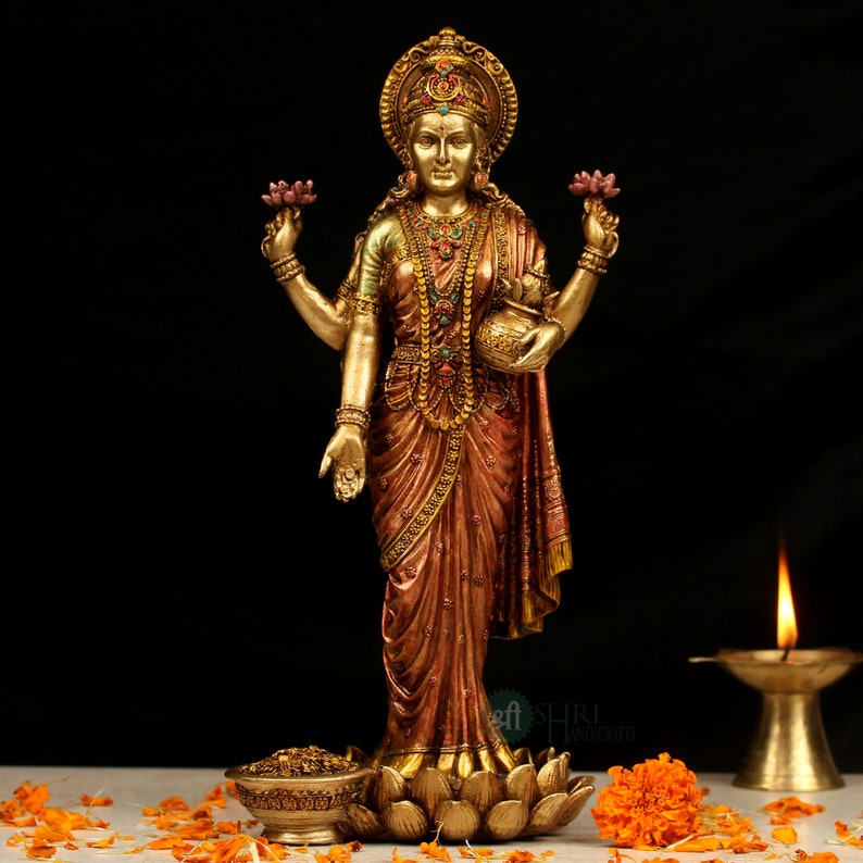 Vishnu Lakshmi Idol Standing Copper Finish Marble Dust Lord Vishnu Goddess Laxmi Sculpture for Home Temple Decor Laxmi Narayana Figurine LAKSHMI