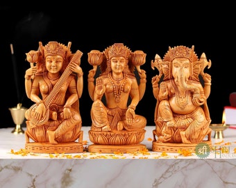 Ganesha Lakshmi Saraswati statue # Wodden Statue # Diwali Gift # Ganesha Idol # Goddess Laxmi # Goddess Saraswati # Best Temple Decor Statue