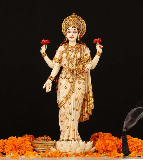 Vishnu Lakshmi Idol Standing Copper Finish Marble Dust Lord