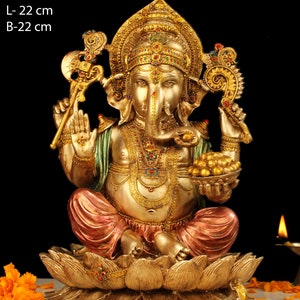 Ganesha Statue 30cm, Hand Painted Lord Ganesha Idol on Lotus, Ganapati, Vinayaka, Hindu Elephant God, Good Luck Gift for New Beginnings image 3