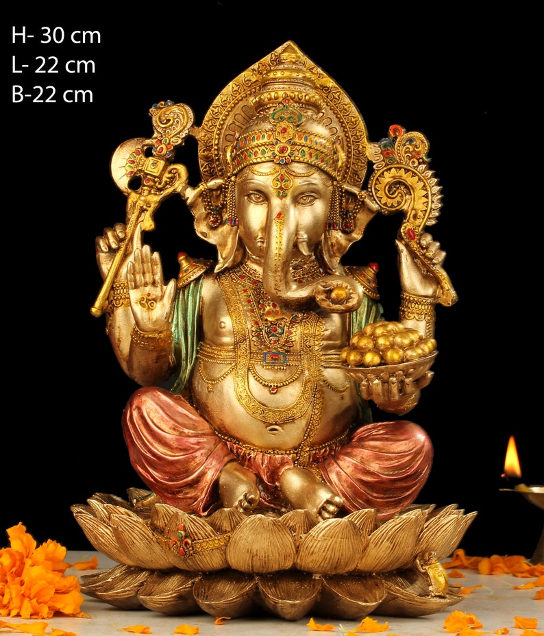 Ganesha Statue 30cm, Hand Painted Lord Ganesha Idol on Lotus, Ganapati, Vinayaka, Hindu Elephant God, Good Luck Gift for New Beginnings image 3