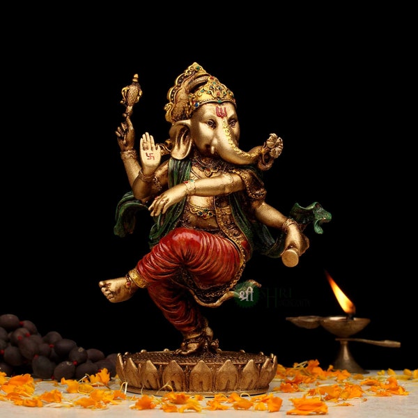 Lord Ganesha Statue Handmade, Copper Painted Sculpture, Dancing Ganesha Hindu God Figurine Temple Feng Shui Decor Unique Gifts, hindu god