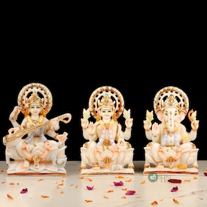Ganesh Lakshmi Saraswati Statue, Resin Statue, Diwali Gift Cultured Marble Laxmi Ganesha Saraswati Statue, Home Temple Hand Painted Murtis