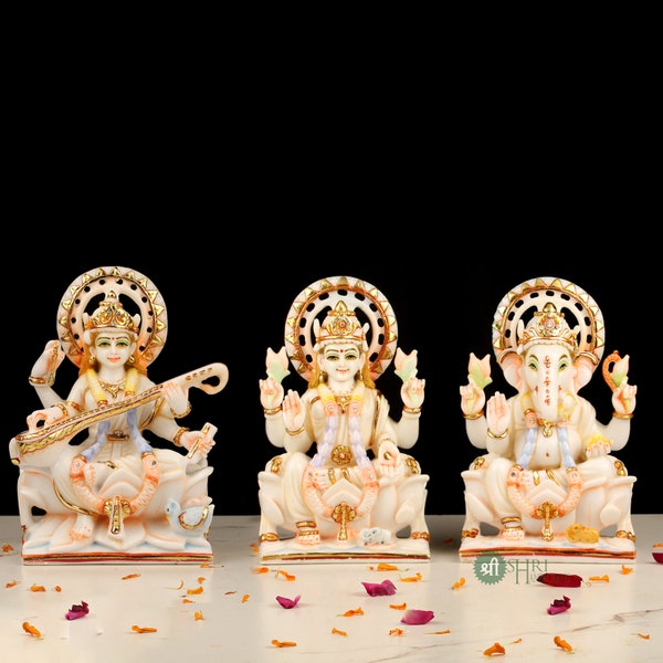 Ganesh Lakshmi Saraswati Statue, Resin Statue, Diwali Gift Cultured Marble Laxmi Ganesha Saraswati Statue, Home Temple Hand Painted Murtis