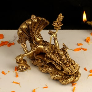 Brass Vishnu Padmanabhan Swami Statue, big Brass Lord Vishnu Sleeping on Sheshnag, Anantdeva Morti, Brass Vishnu Padmanabha Idol.