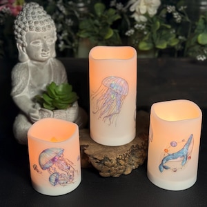 Set of 3 Ocean Story LED Pillar Flameless Candles with Remote & Timer, Home Decor, Weddings, Parties, Outdoor, Indoor with batteries