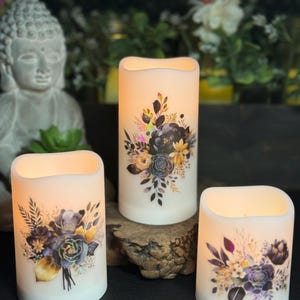 Set of 3  Flowers LED Pillar Flameless Candles with Remote & Timer, Home Decor, Weddings, Parties, Outdoor, Indoor with batteries