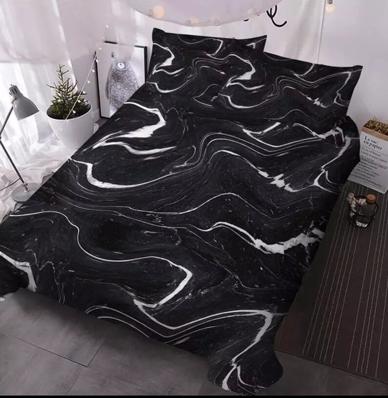 Marble Bedding Set Black White Gray Duvet Cover Set Rock Etsy