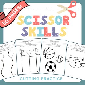 May include: A set of four printable worksheets for children to practise scissor skills. Each worksheet features a different image to cut out, including balloons, kites, balls, and a cat. The worksheets are titled "Let's Cut Along" and "Let's Cut Out".