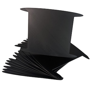May include: A stack of black, top hat-shaped party decorations. Each hat has a wide brim and a tall, cylindrical crown. The hats are made of a textured, non-reflective material and are arranged in a fan-like pattern.