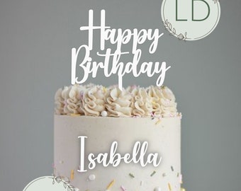 Acrylic 'Happy Birthday' Cake Topper with matching 'Name' Charm. Various Fonts, Colours & Sizes