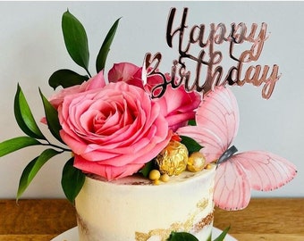 Adorno o dije acrílico para tarta "Feliz Cumpleaños". Varias fuentes, colores y tamaños.