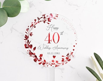 Adorno acrílico para tarta con el rubí para el 40.º aniversario de bodas. Personalizado. No comestible.