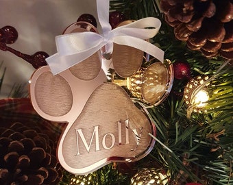 Custom personalised Dog Pet Paw Print Christmas baubles, mirror acrylic ornament, laser cut name decoration optional gift box