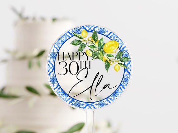 Lemon Amalfi Coast Mediterranean Style Printed Acrylic Cake Topper. Personalised. Non edible