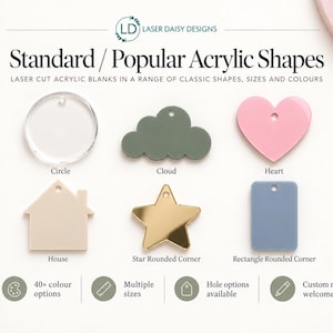 May include: A collection of laser-cut acrylic blanks in various shapes including a clear circle, olive green cloud, pink heart, beige house, gold mirror star, and blue rectangle with rounded corners, each featuring a small hole for hanging.