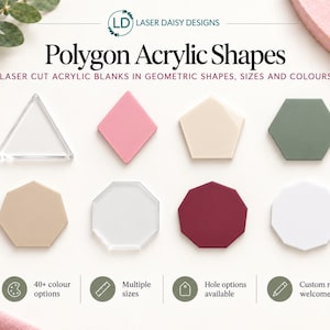 May include: A collection of laser-cut acrylic blanks in various geometric shapes including triangles, diamonds, pentagons, hexagons, and octagons. The pieces are displayed in clear, pink, cream, sage green, tan, maroon, and white colours with text.