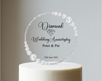 Diamond Wedding 60th Anniversary Printed Acrylic Cake Topper. Personalised. Non edible