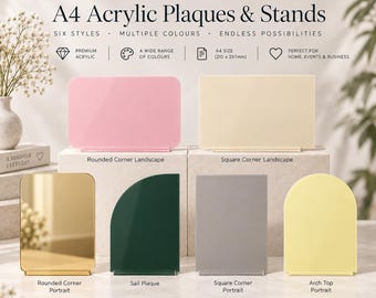 A4 Acrylic Plaque/Sign With Stand. Various Shapes Colours & Quantities- Blank