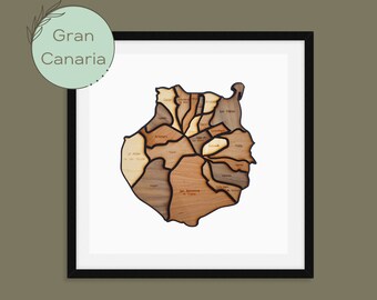 Handmade, wooden map of Gran Canaria, world map. Framed home, office, custom, personalised wall, freestanding art, gift