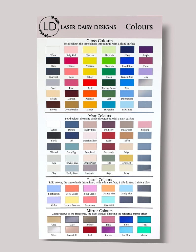 Puede incluir: Una carta de colores con una variedad de colores, incluyendo acabados brillantes, mate y pastel. La carta est&aacute; etiquetada como "Laser Daisy Designs Colors".