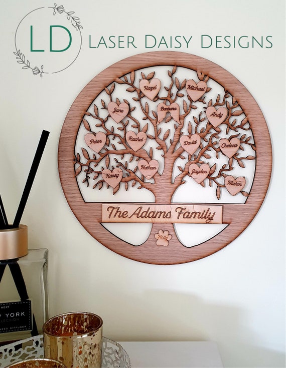 Wooden personalised family tree custom handmade hanging home