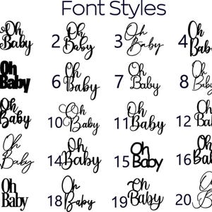 Puede incluir: Veinte estilos de fuente diferentes para la frase "Oh Baby" en texto negro sobre fondo blanco.