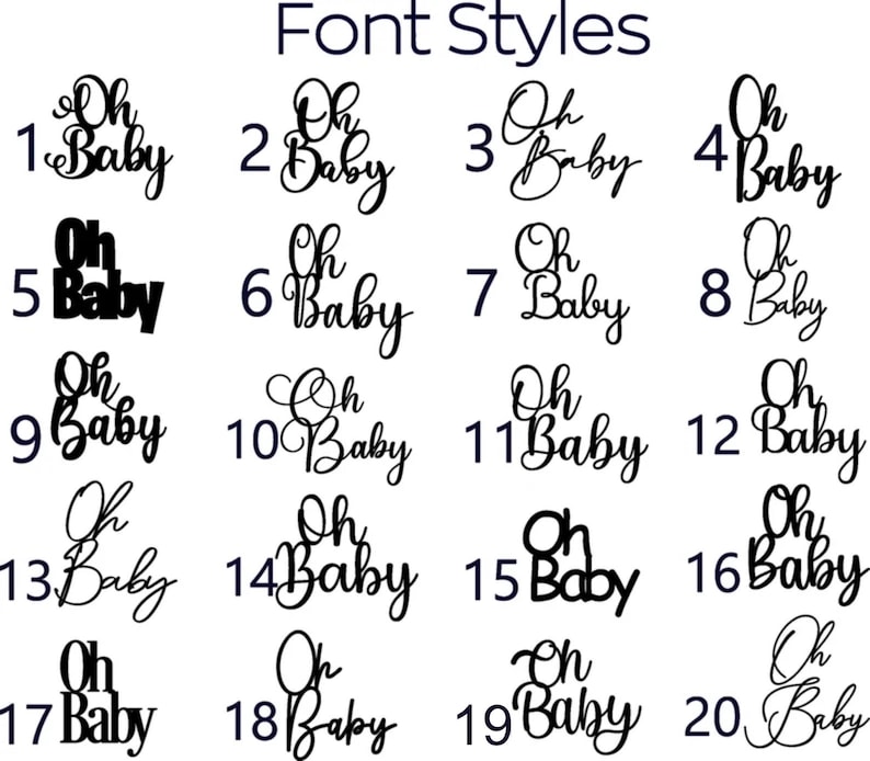 Puede incluir: Veinte estilos de fuente diferentes para la frase "Oh Baby" en texto negro sobre fondo blanco.